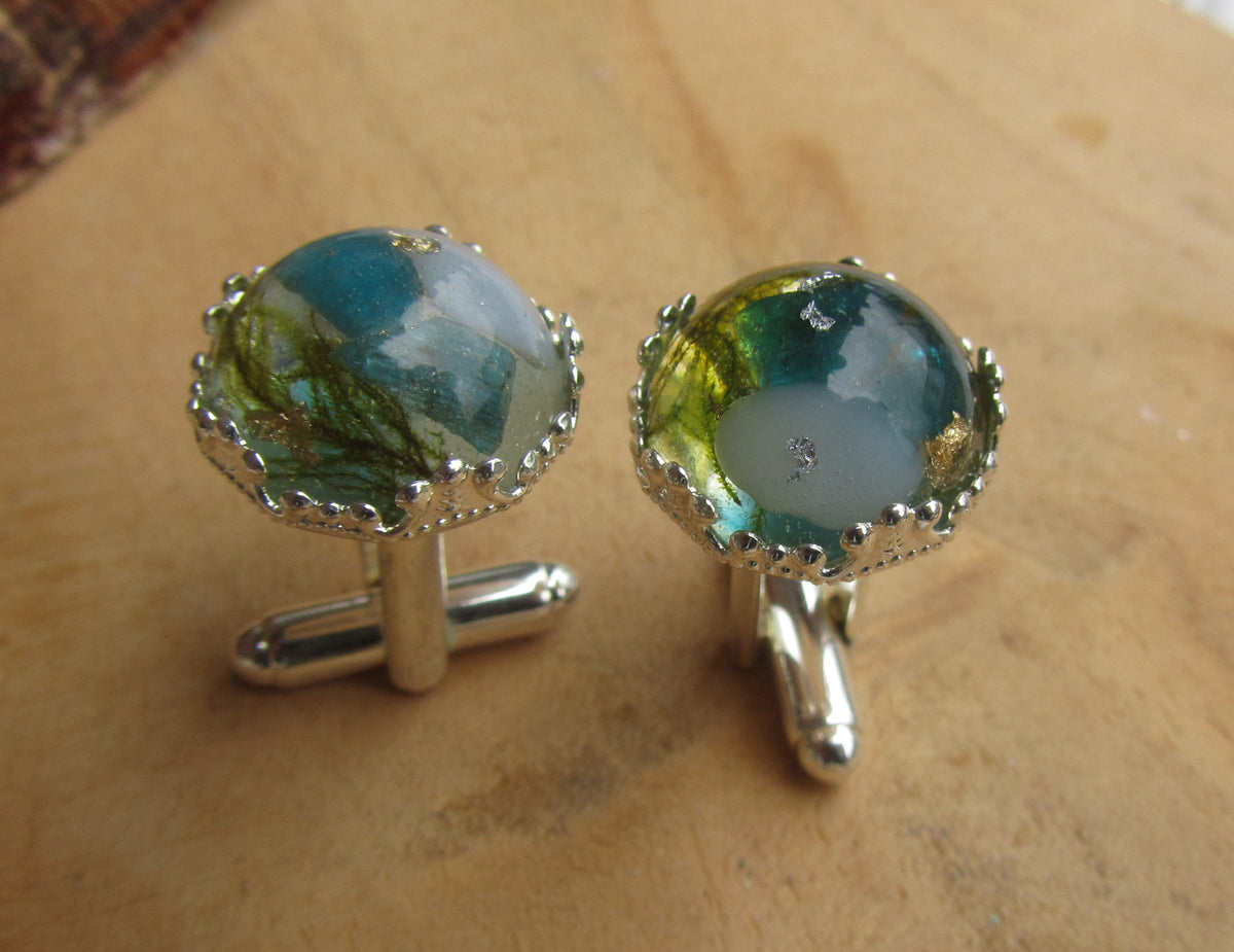 Green Tourmaline Moss Silver Flakes Resin Cufflinks