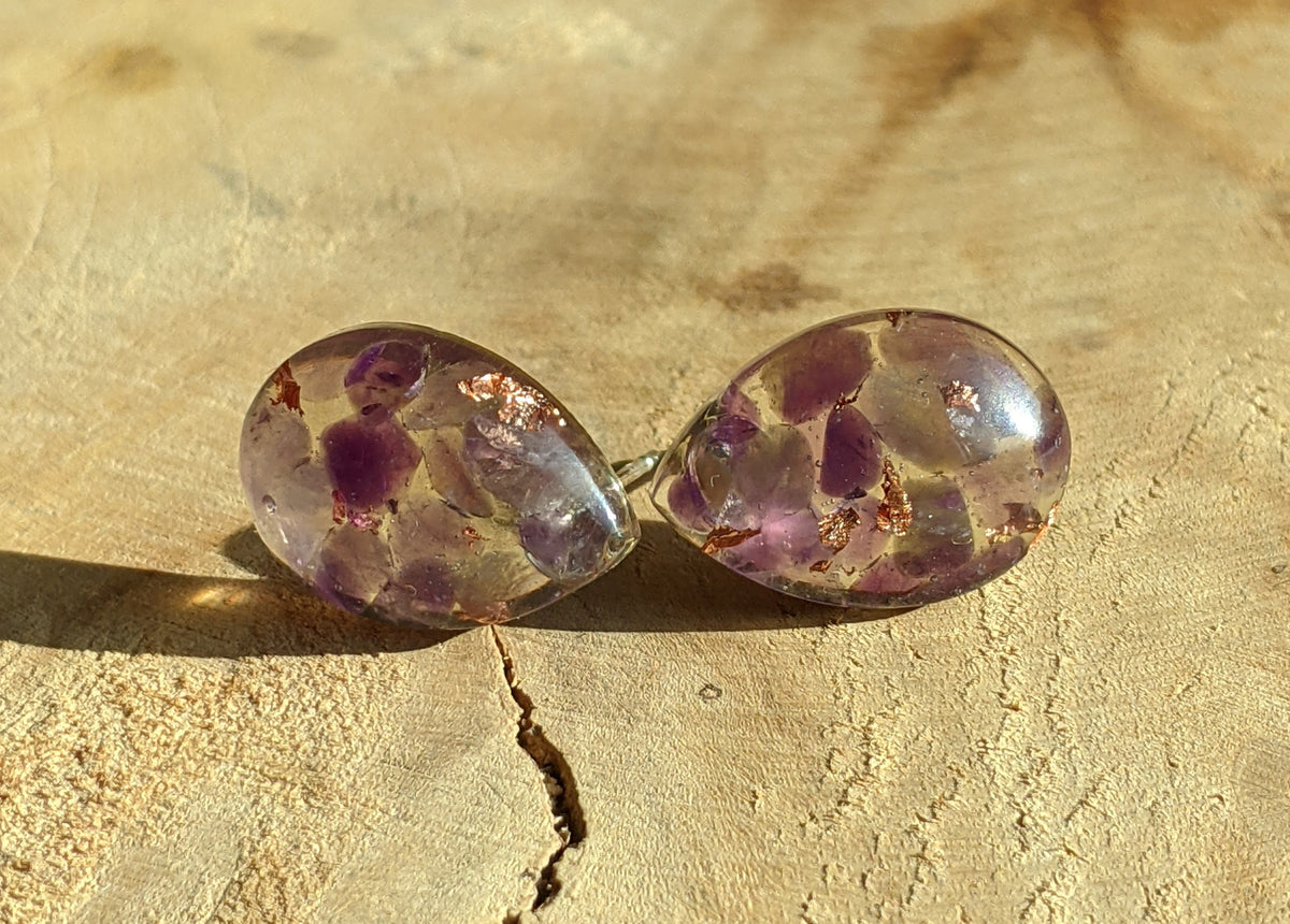 Amethyst resin stud earrings circle and drop styles, handmade gemstone jewelry EL Creations Belgium