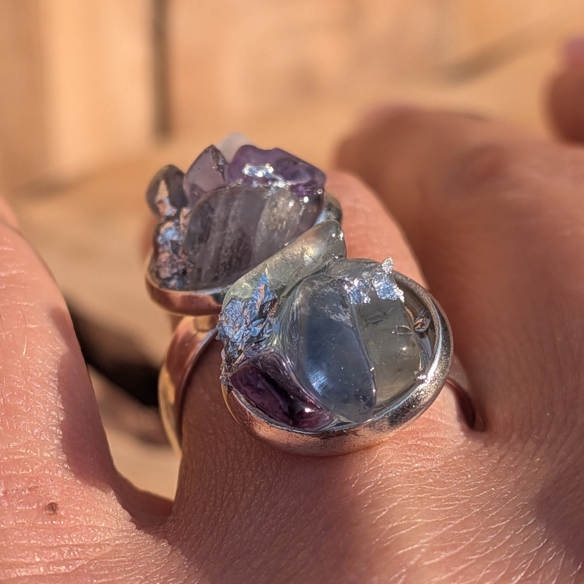 Fluorite statement ring shown on a hand for scale, EL-Creations