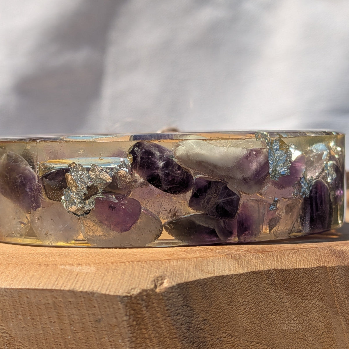 Detail of purple amethyst gemstone resin statement bangle by EL-Creations