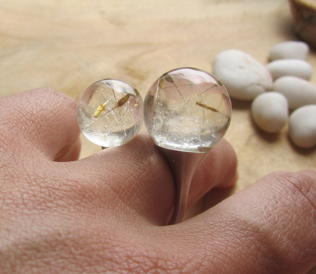 Collection of handmade adjustable resin rings featuring real flowers, moss, crystals and unique resin designs - EL-Creations
