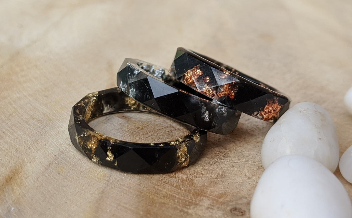 Handmade black ring for him and her - side view showing facets