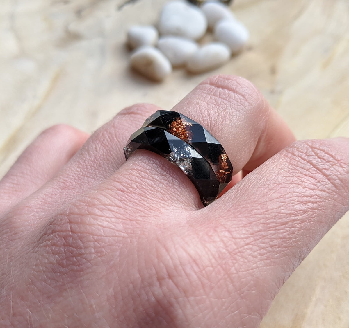 Handmade black resin faceted ring - close up detail