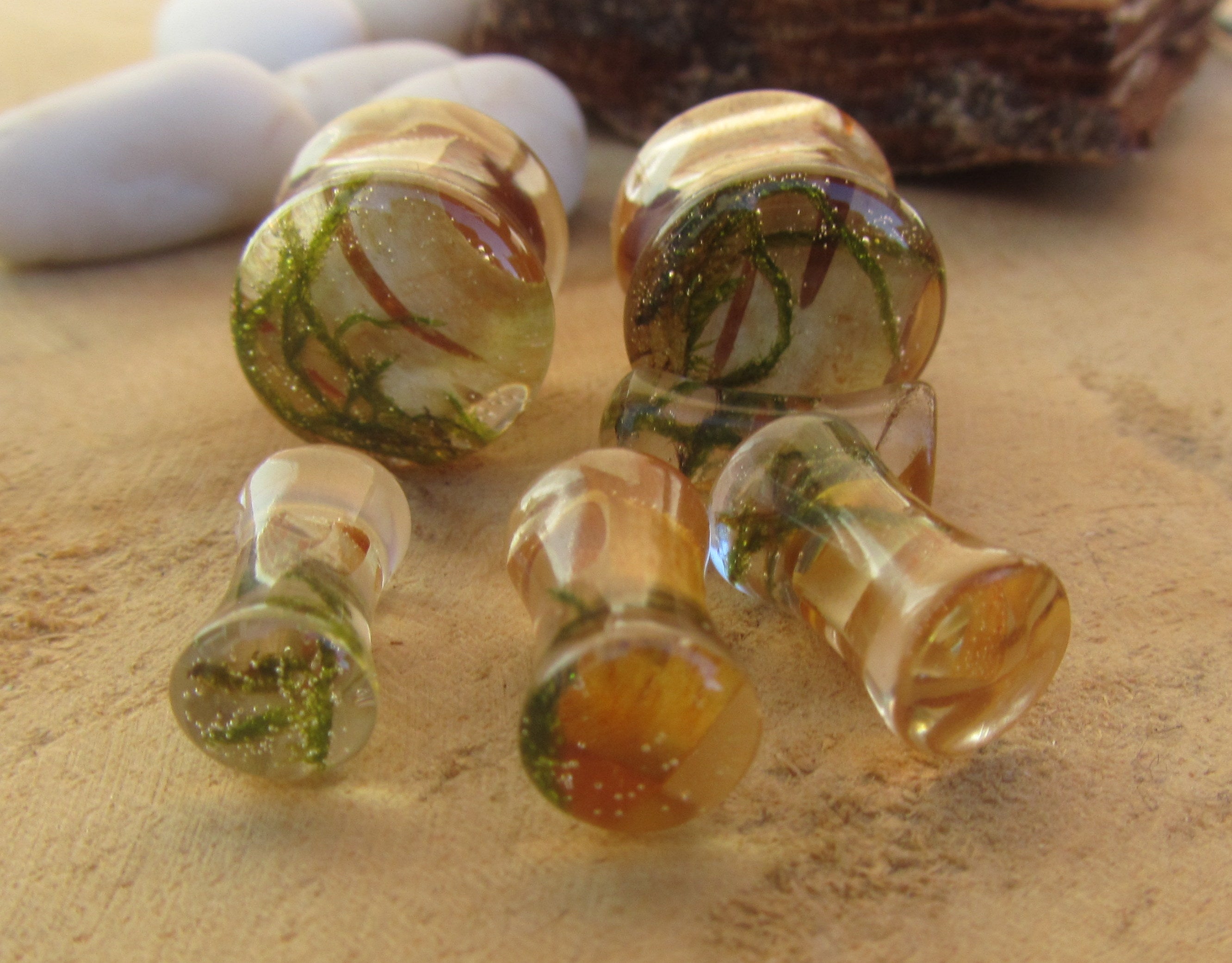 Nature plug earrings, moss plug gauges, plant tunnel plug earrings