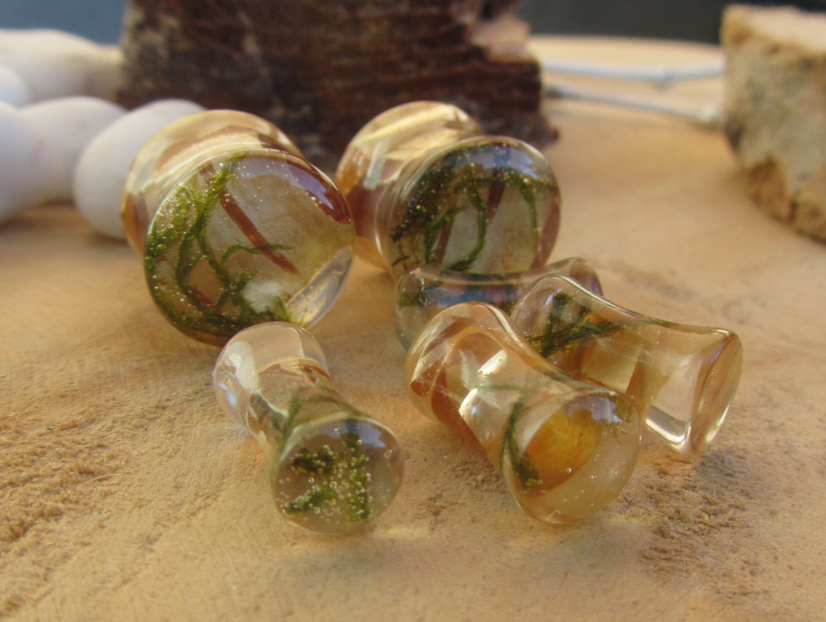 Nature plug earrings, moss plug gauges, plant tunnel plug earrings