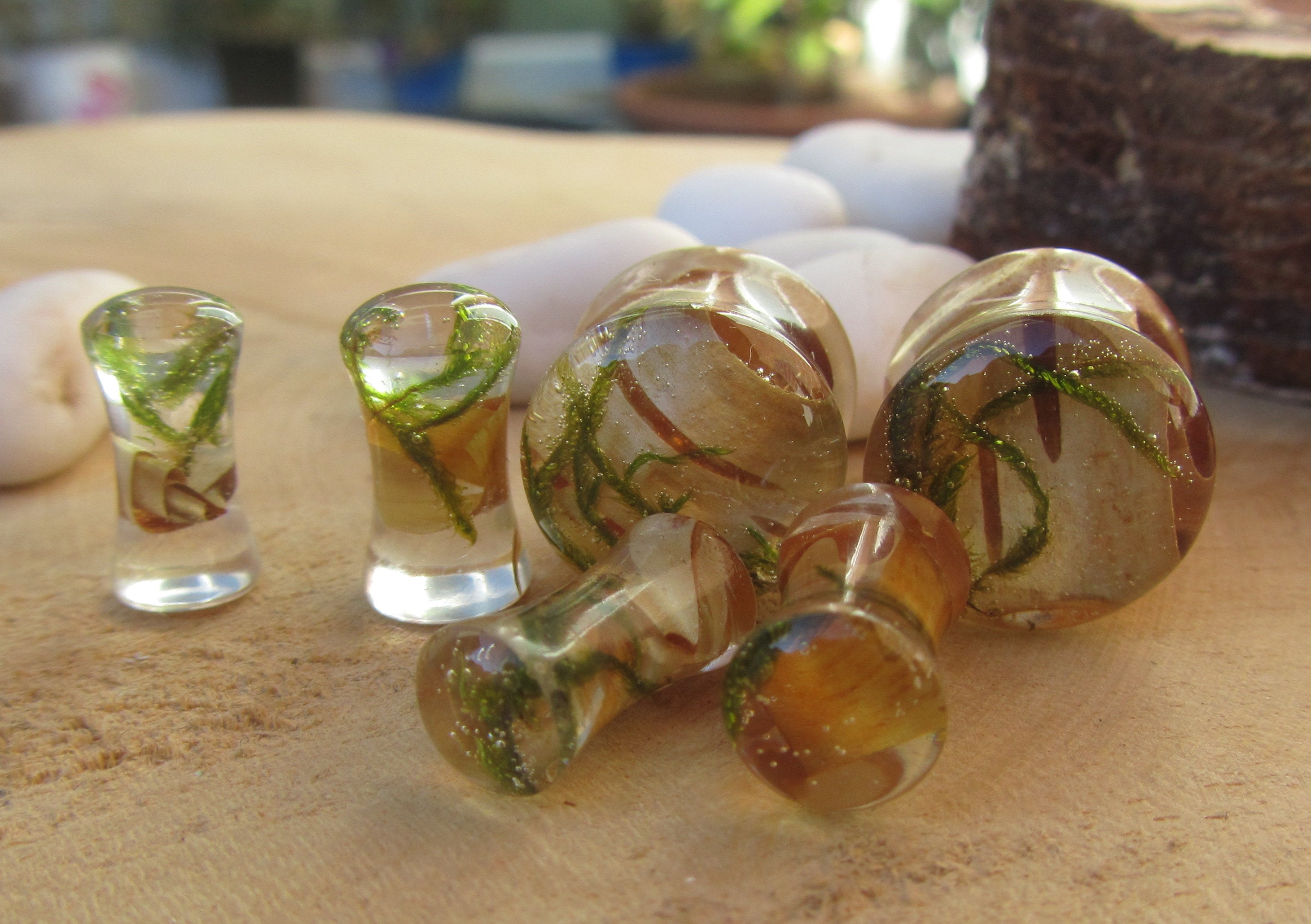 Nature plug earrings, moss plug gauges, plant tunnel plug earrings