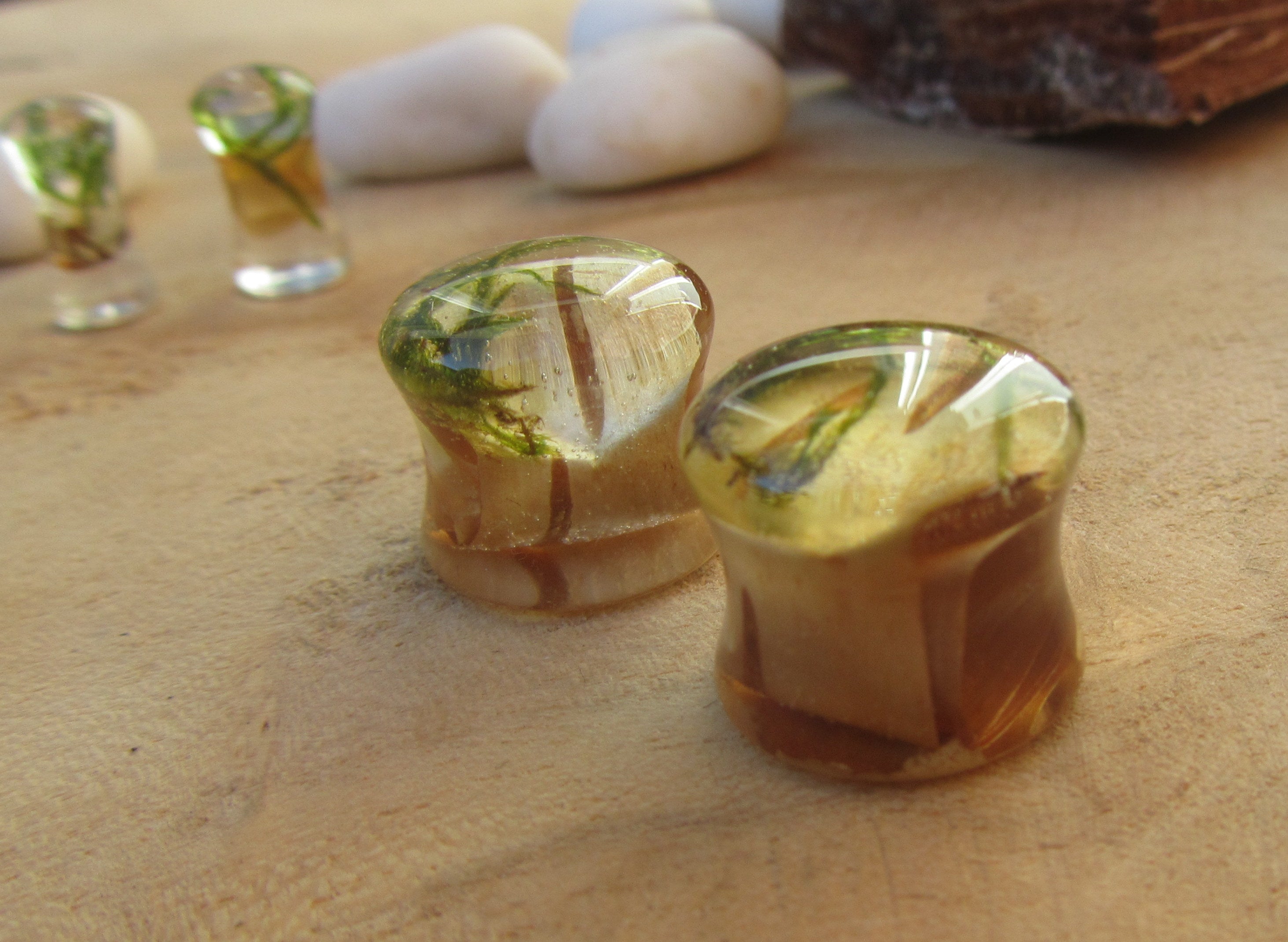 Nature plug earrings, moss plug gauges, plant tunnel plug earrings