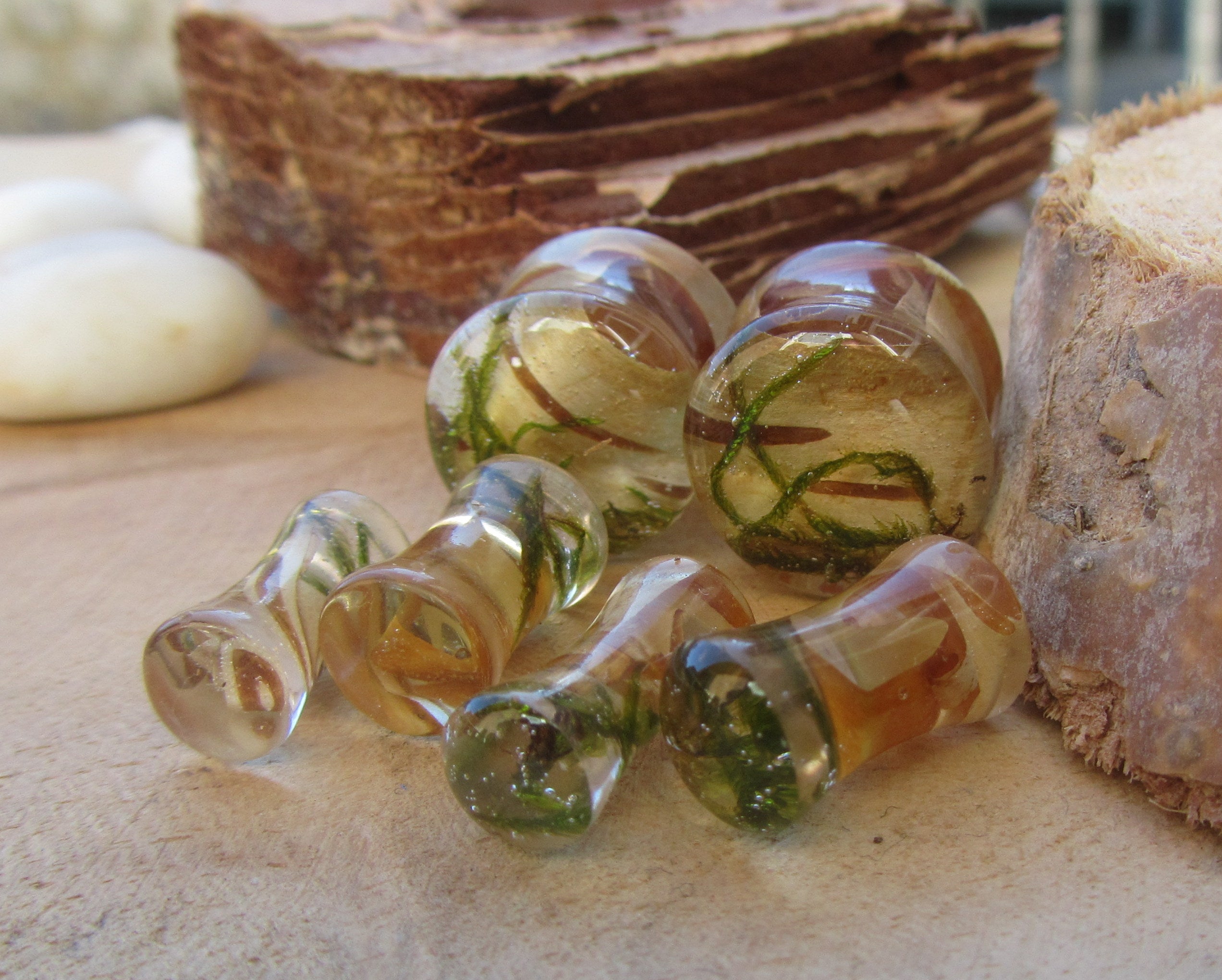 Nature plug earrings, moss plug gauges, plant tunnel plug earrings