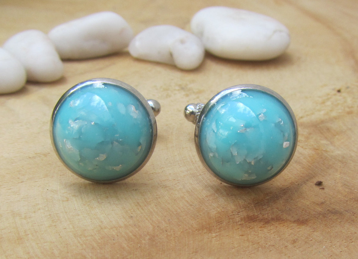 Turquoise Silver Flakes Resin Cufflinks