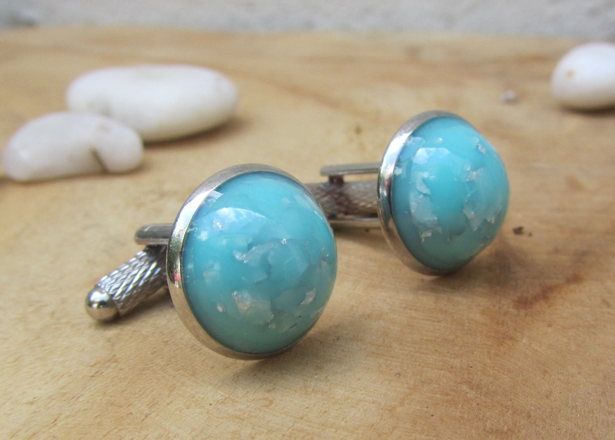 Turquoise Silver Flakes Resin Cufflinks