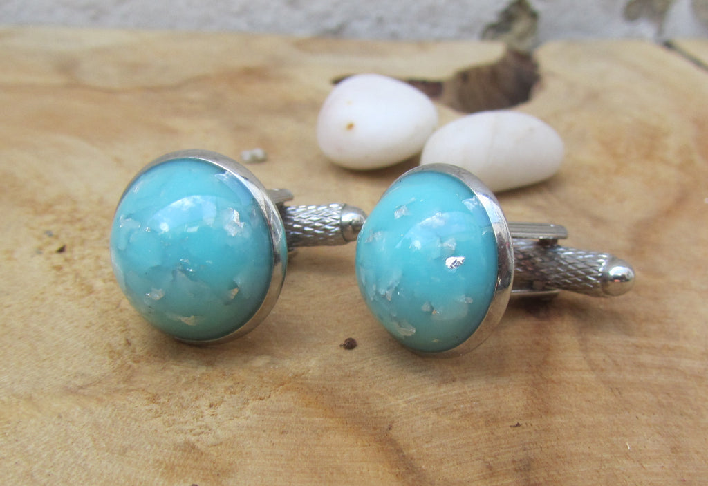 Boutons de manchette en résine turquoise à paillettes argentées