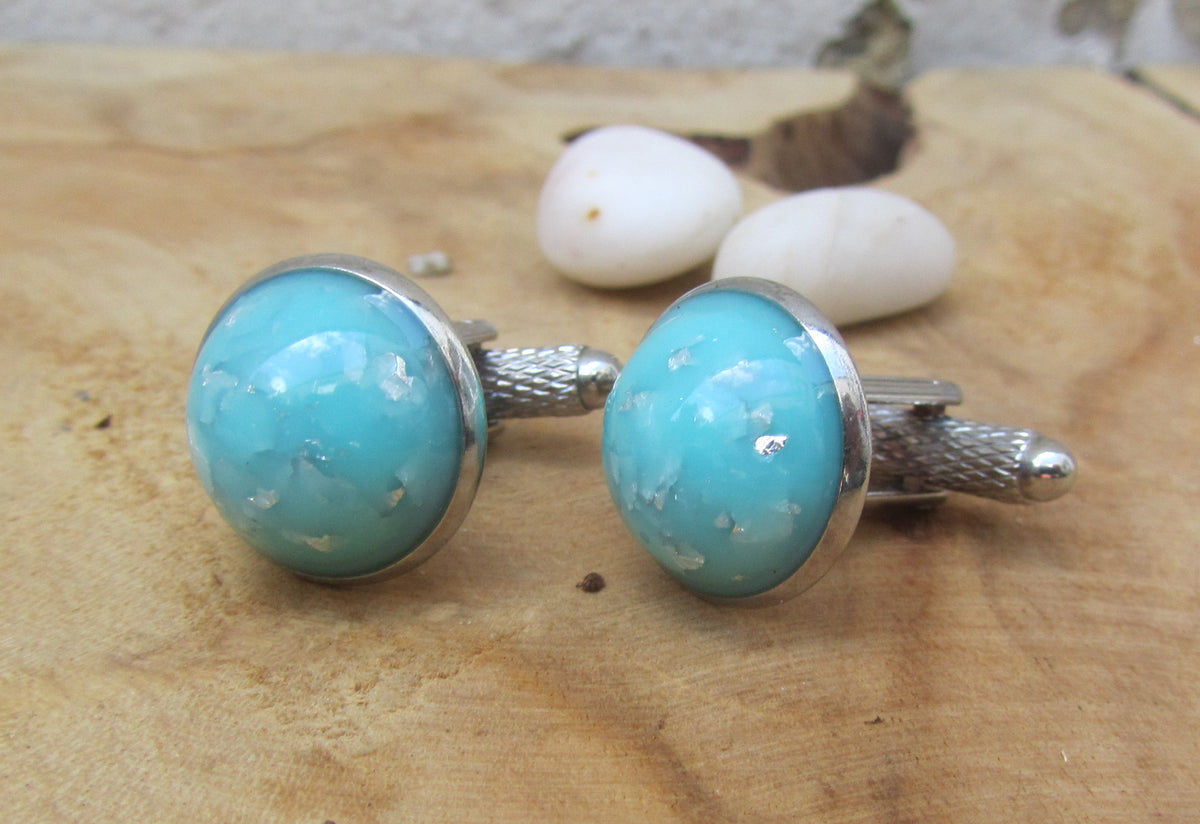 Turquoise Silver Flakes Resin Cufflinks