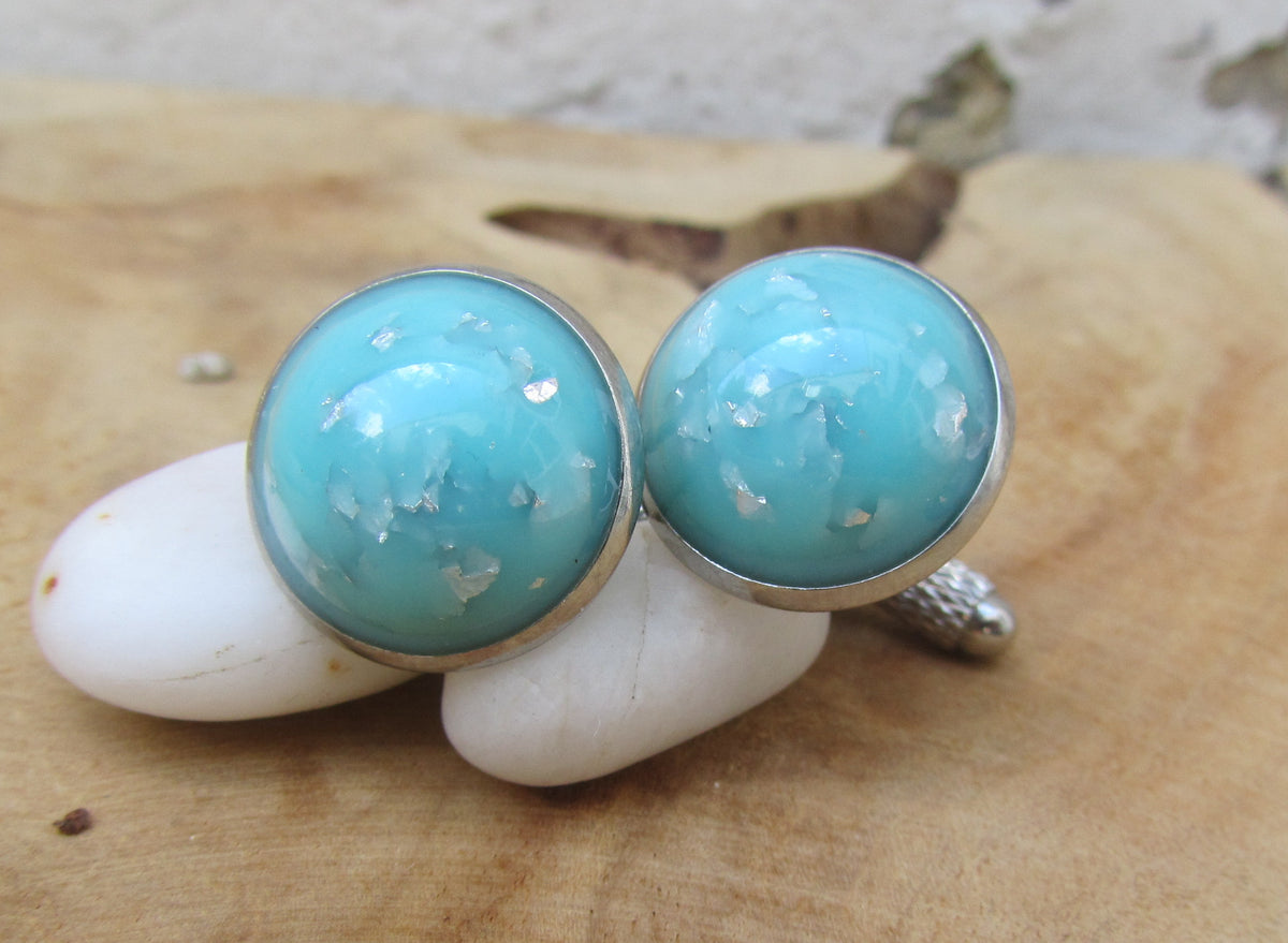 Turquoise Silver Flakes Resin Cufflinks