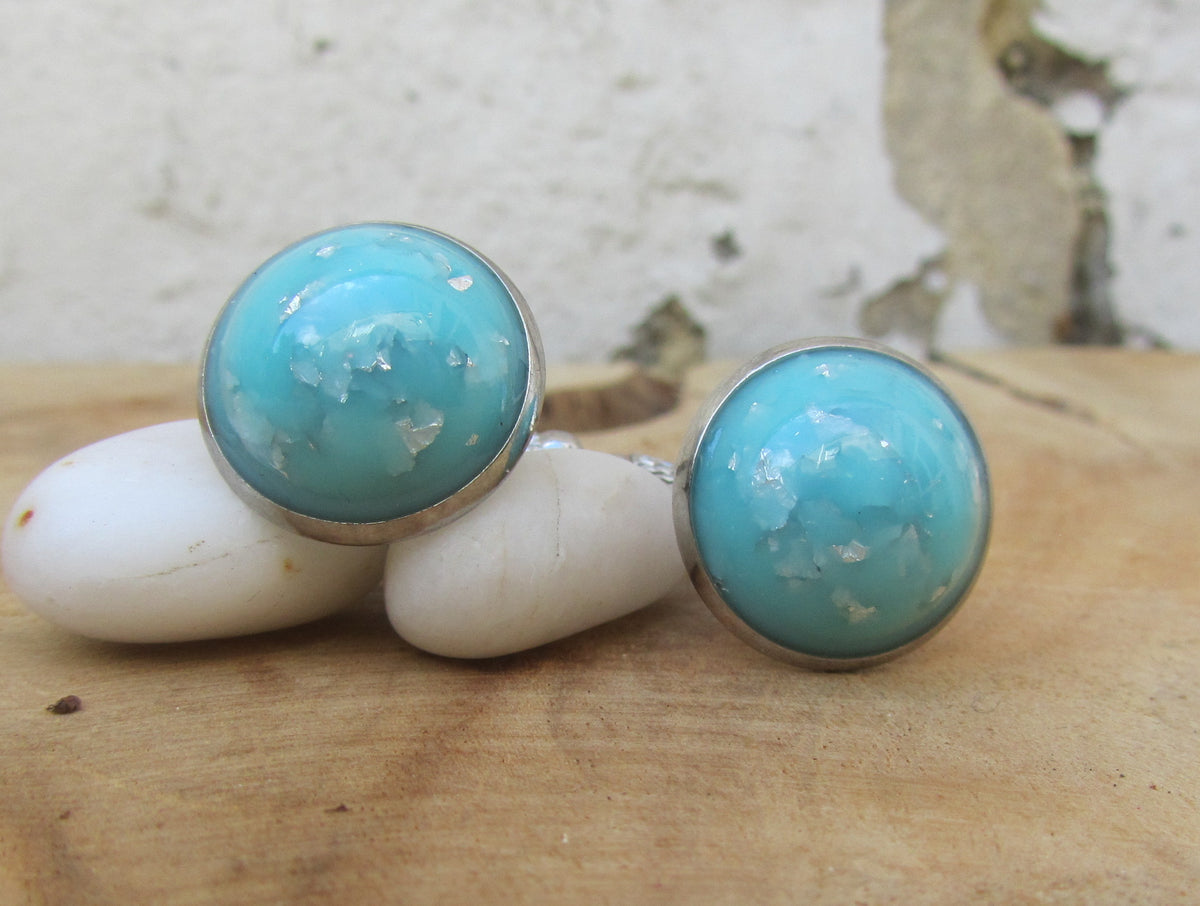 Turquoise Silver Flakes Resin Cufflinks