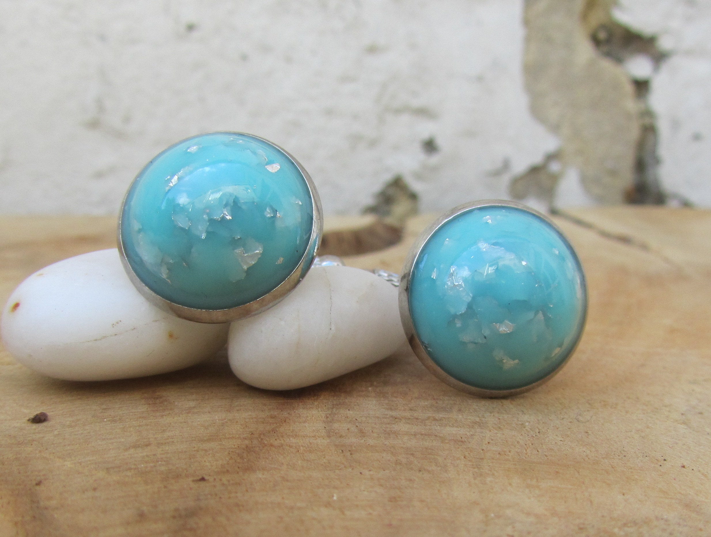 Boutons de manchette en résine turquoise à paillettes argentées