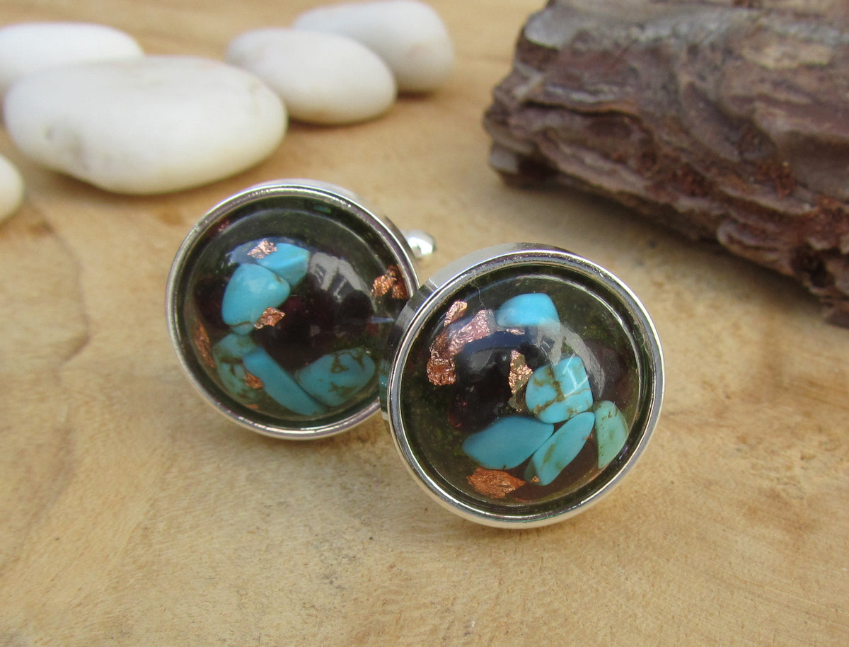Turquoise Garnet Moss Copper Flakes Resin Cufflinks
