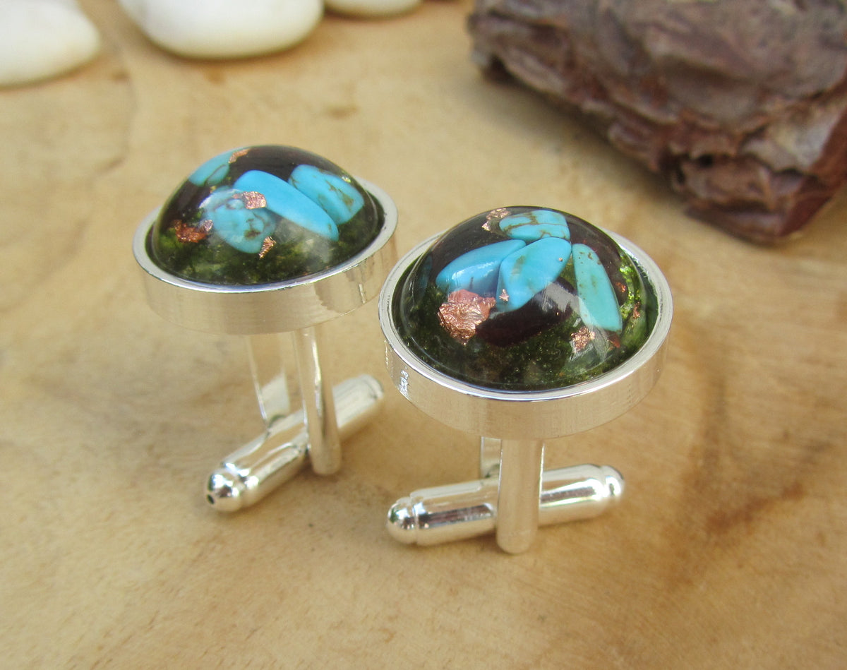 Turquoise Garnet Moss Copper Flakes Resin Cufflinks