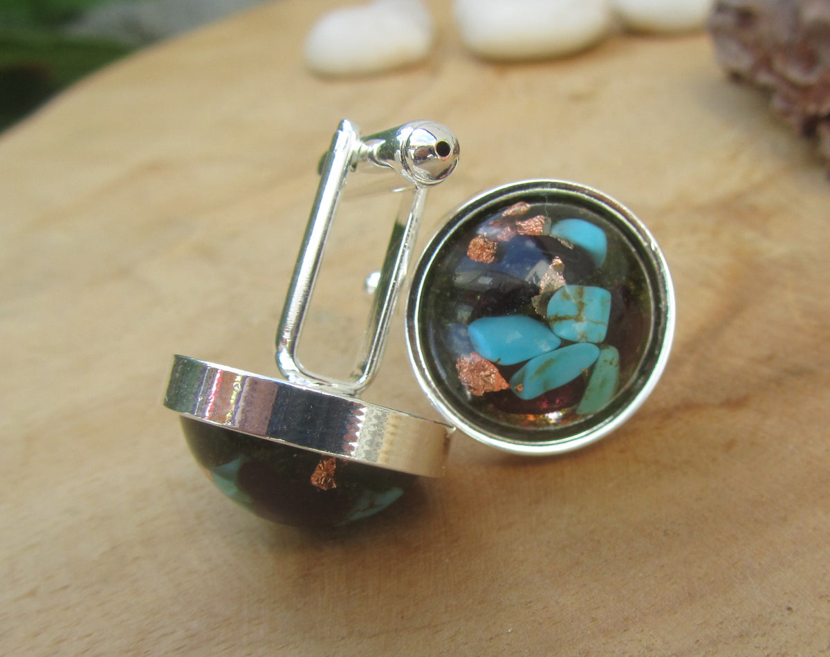 Turquoise Garnet Moss Copper Flakes Resin Cufflinks