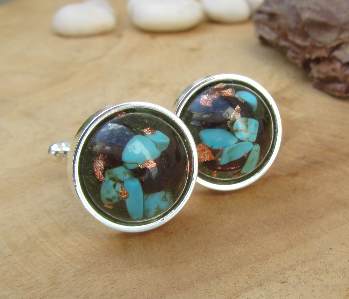 Turquoise Garnet Moss Copper Flakes Resin Cufflinks