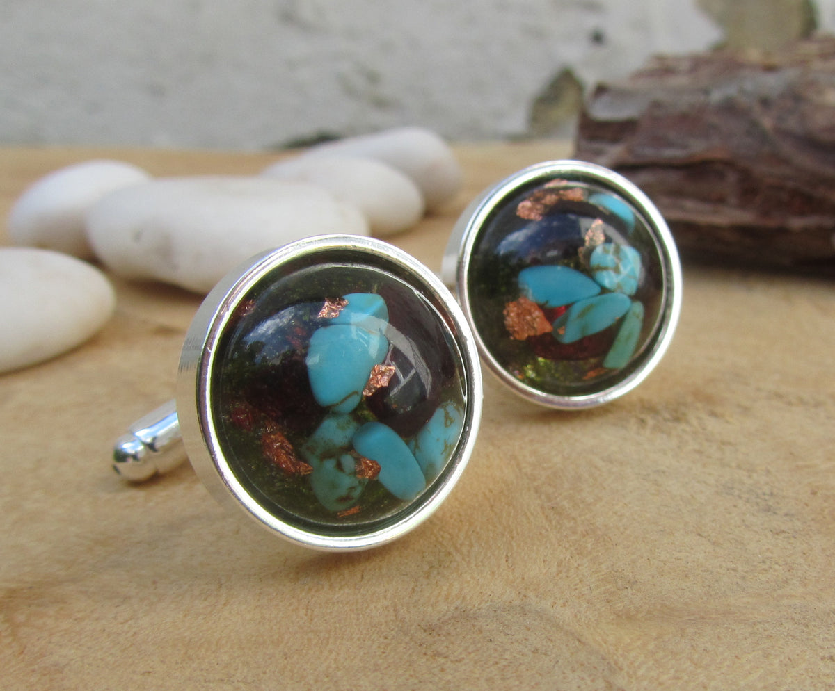 Turquoise Garnet Moss Copper Flakes Resin Cufflinks