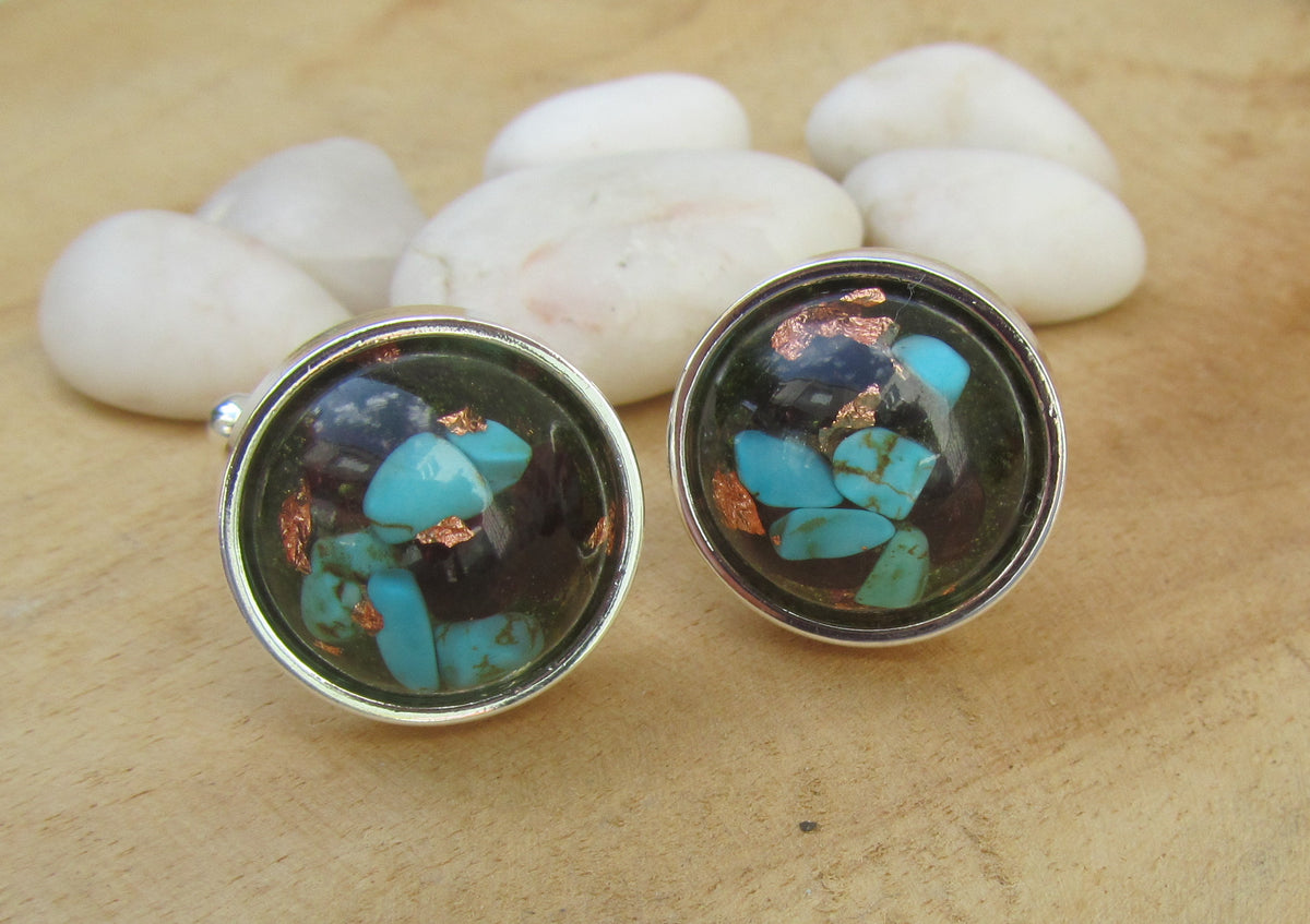 Turquoise Garnet Moss Copper Flakes Resin Cufflinks