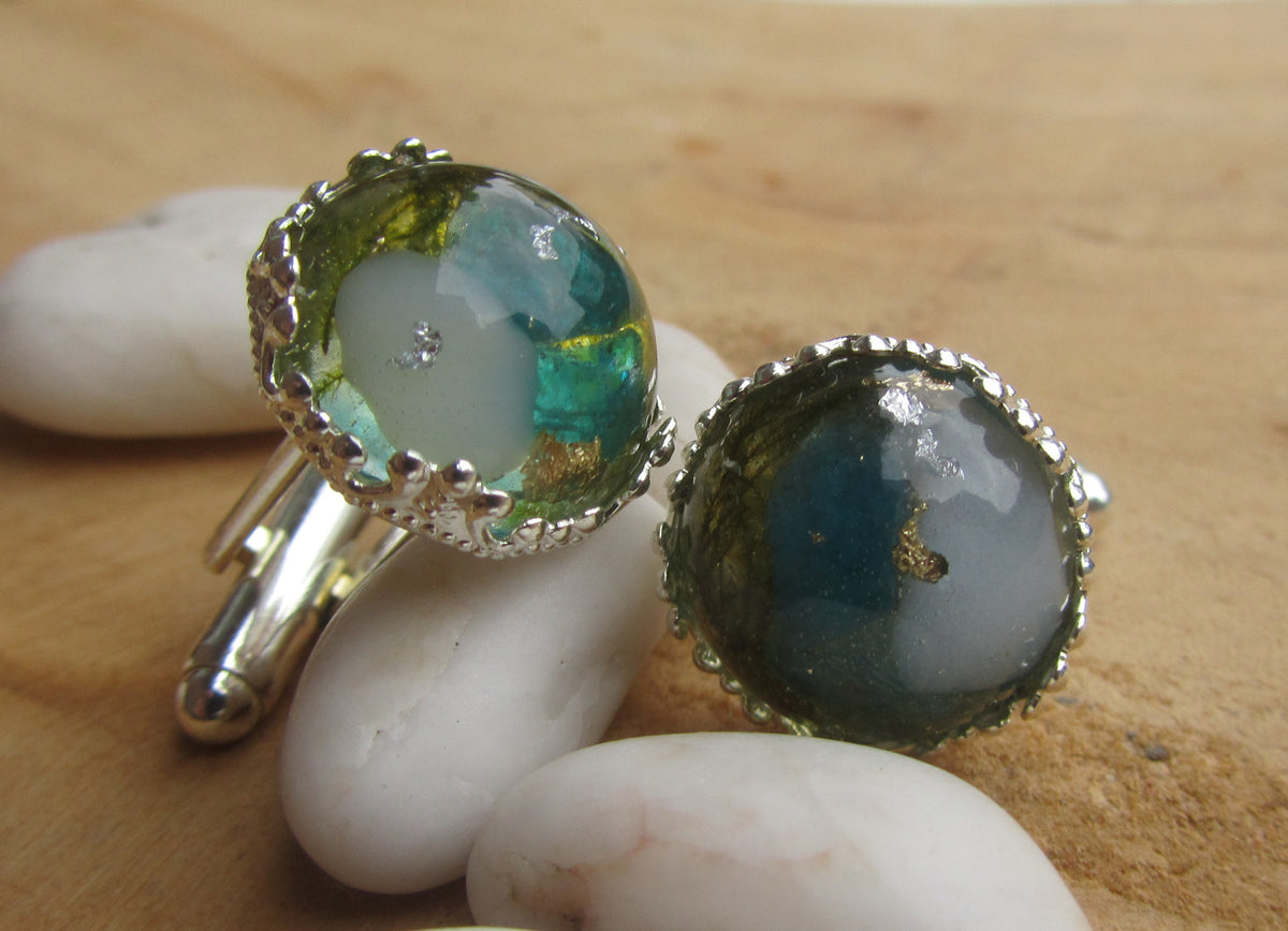 Green Tourmaline Moss Silver Flakes Resin Cufflinks