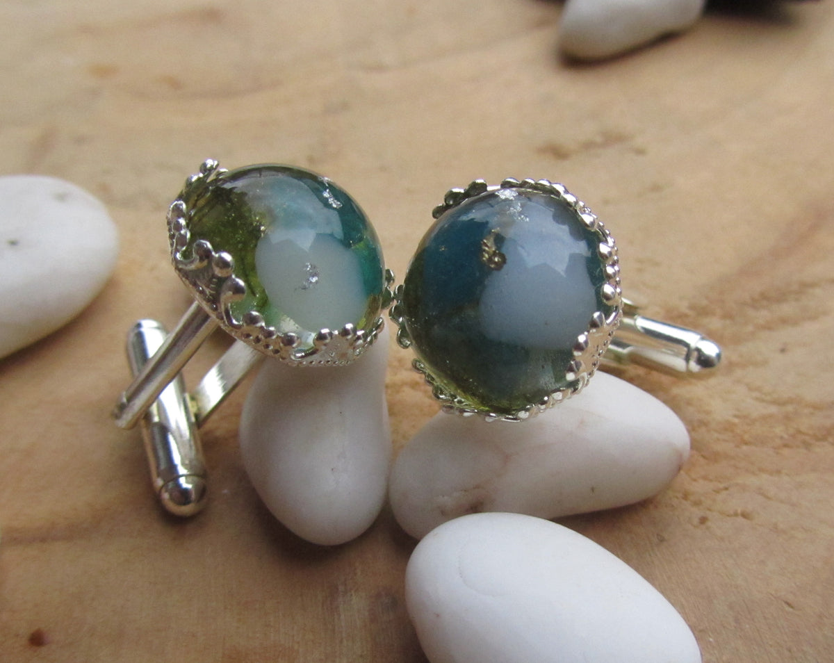 Green Tourmaline Moss Silver Flakes Resin Cufflinks