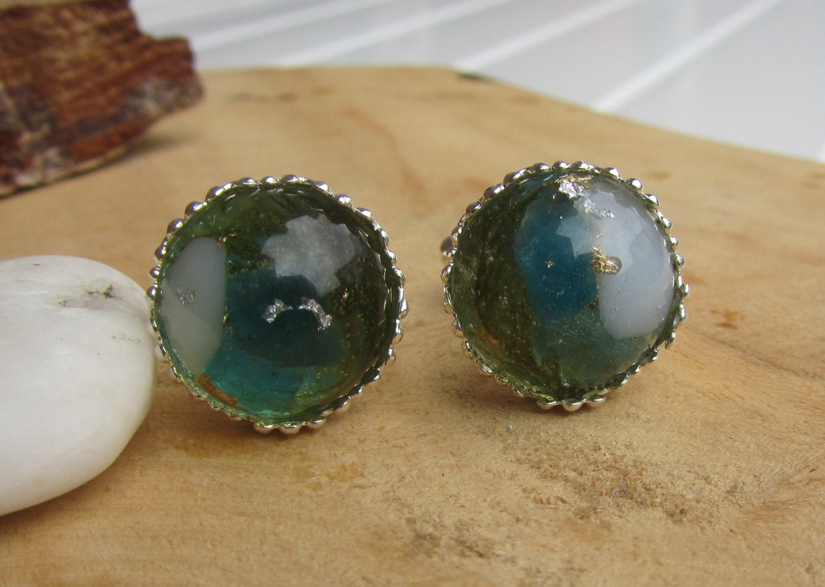 Green Tourmaline Moss Silver Flakes Resin Cufflinks