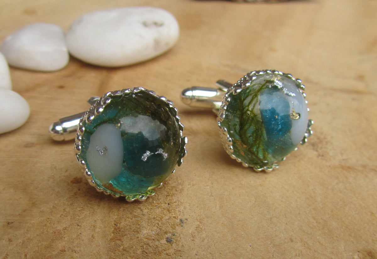 Green Tourmaline Moss Silver Flakes Resin Cufflinks