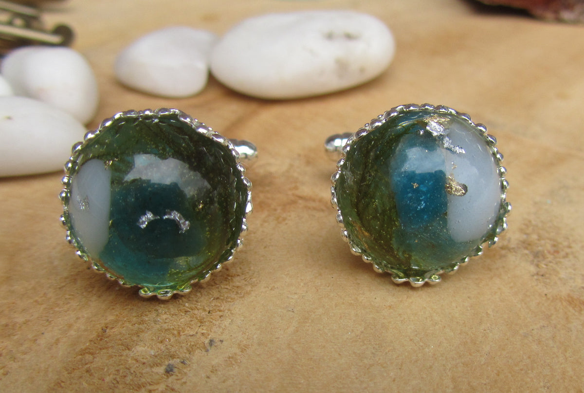Green Tourmaline Moss Silver Flakes Resin Cufflinks