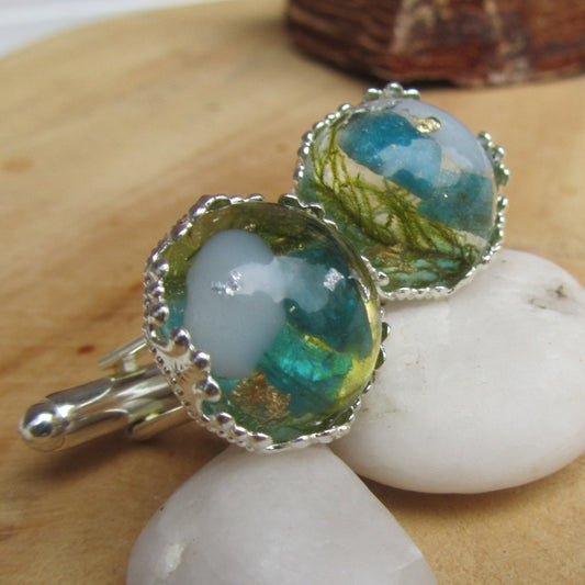 Green Tourmaline Moss Silver Flakes Resin Cufflinks