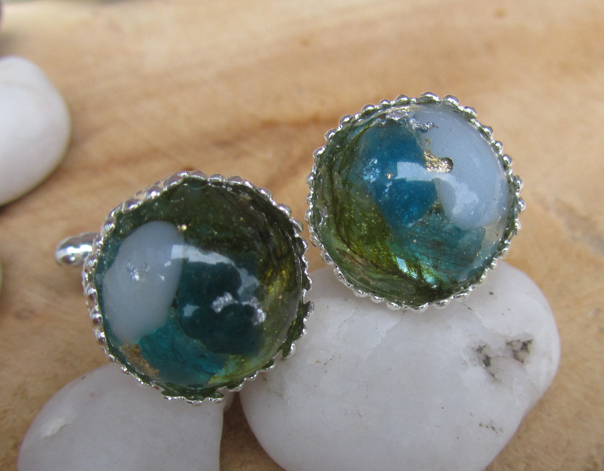 Green Tourmaline Moss Silver Flakes Resin Cufflinks