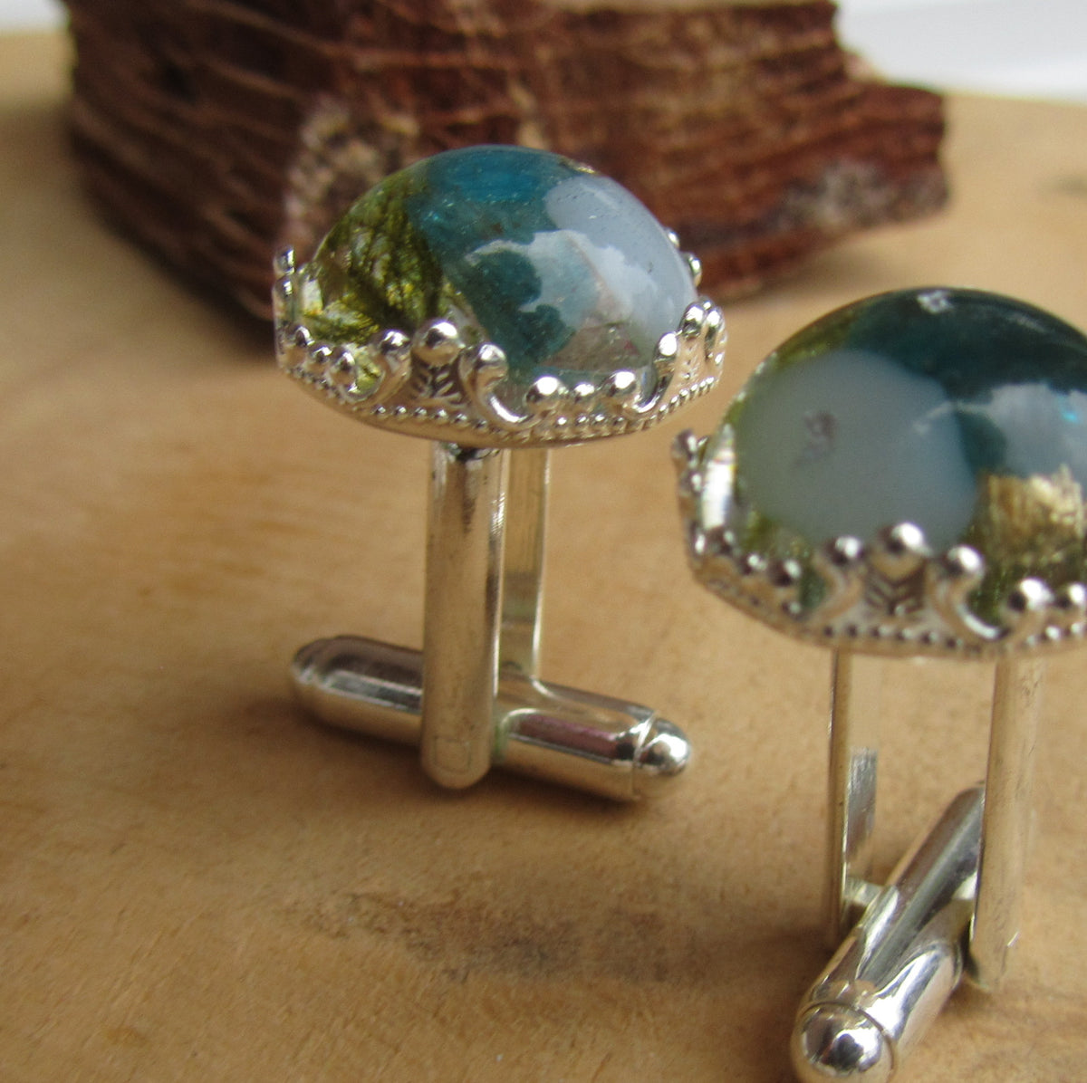 Green Tourmaline Moss Silver Flakes Resin Cufflinks
