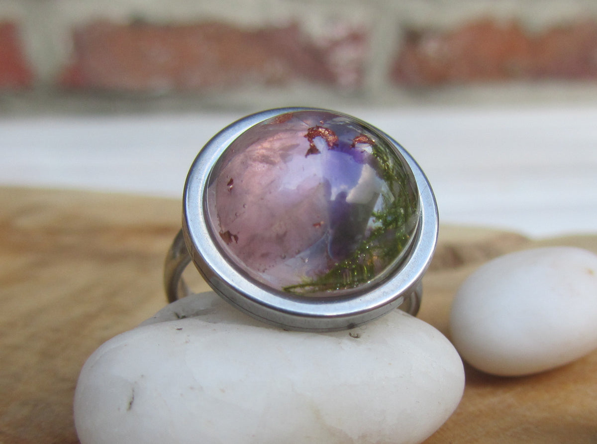 Handmade healing crystal ring with amethyst and rose quartz – adjustable stainless steel band – EL-CreationS