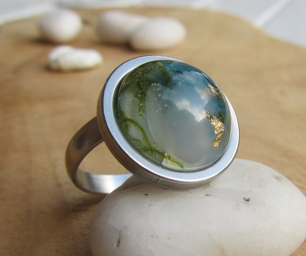 Green Tourmaline Moonstone Gold Flakes Resin Ring