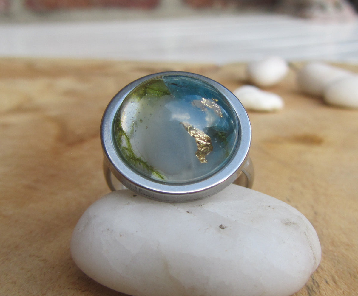 Green Tourmaline Moonstone Gold Flakes Resin Ring