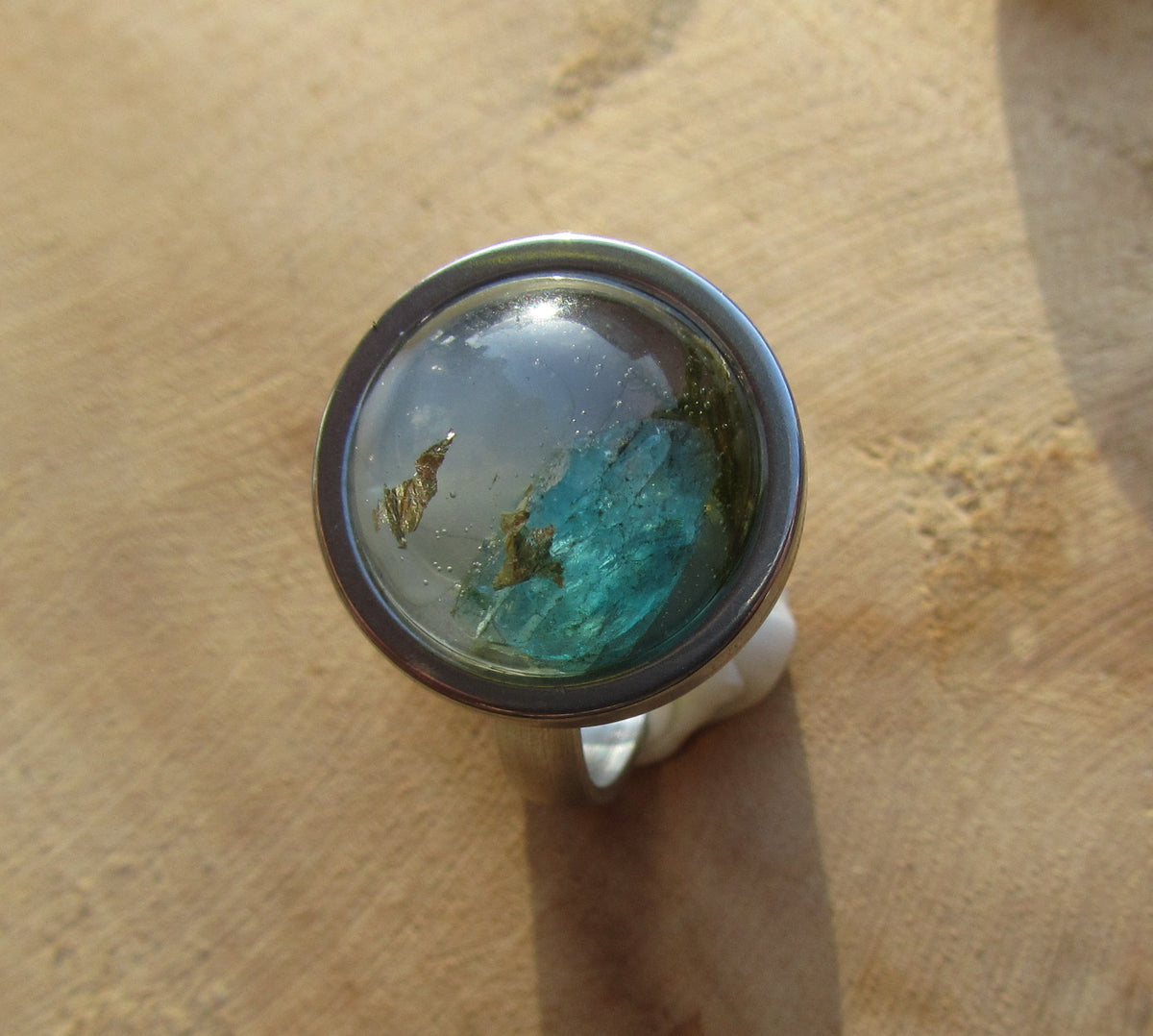 Green Tourmaline Moonstone Gold Flakes Resin Ring