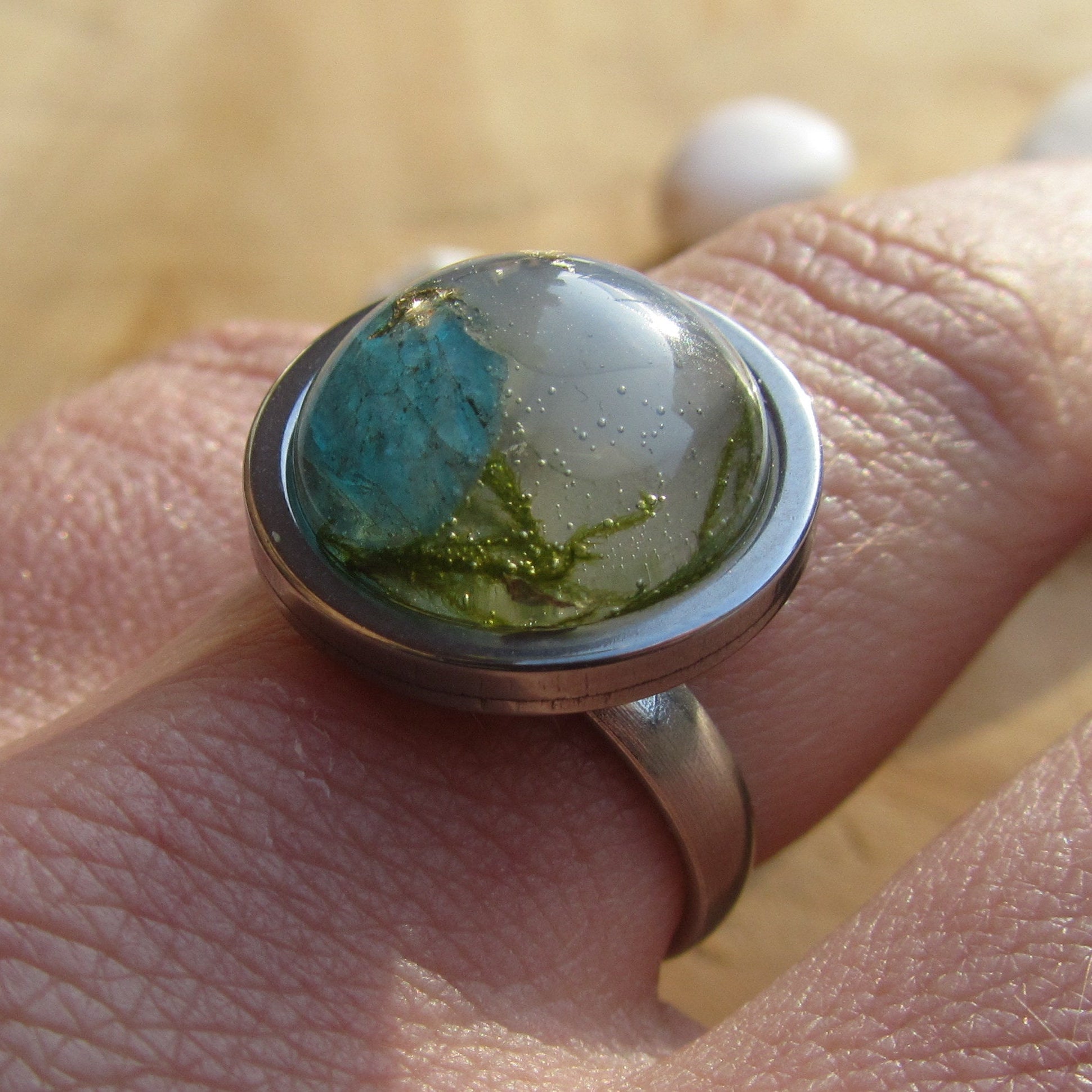 Green Tourmaline Moonstone Gold Flakes Resin Ring - top view