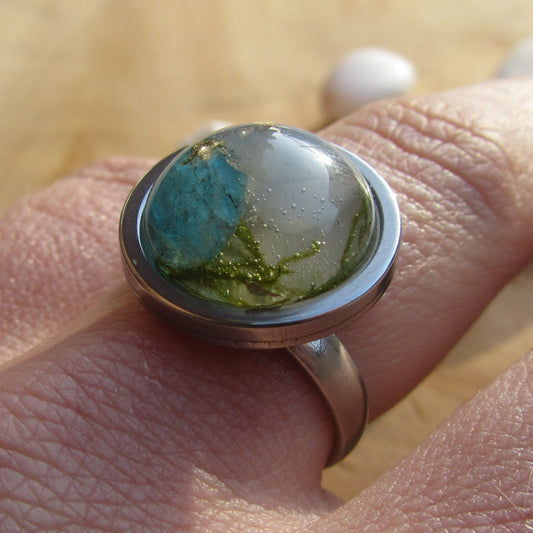Green Tourmaline Moonstone Gold Flakes Resin Ring - top view