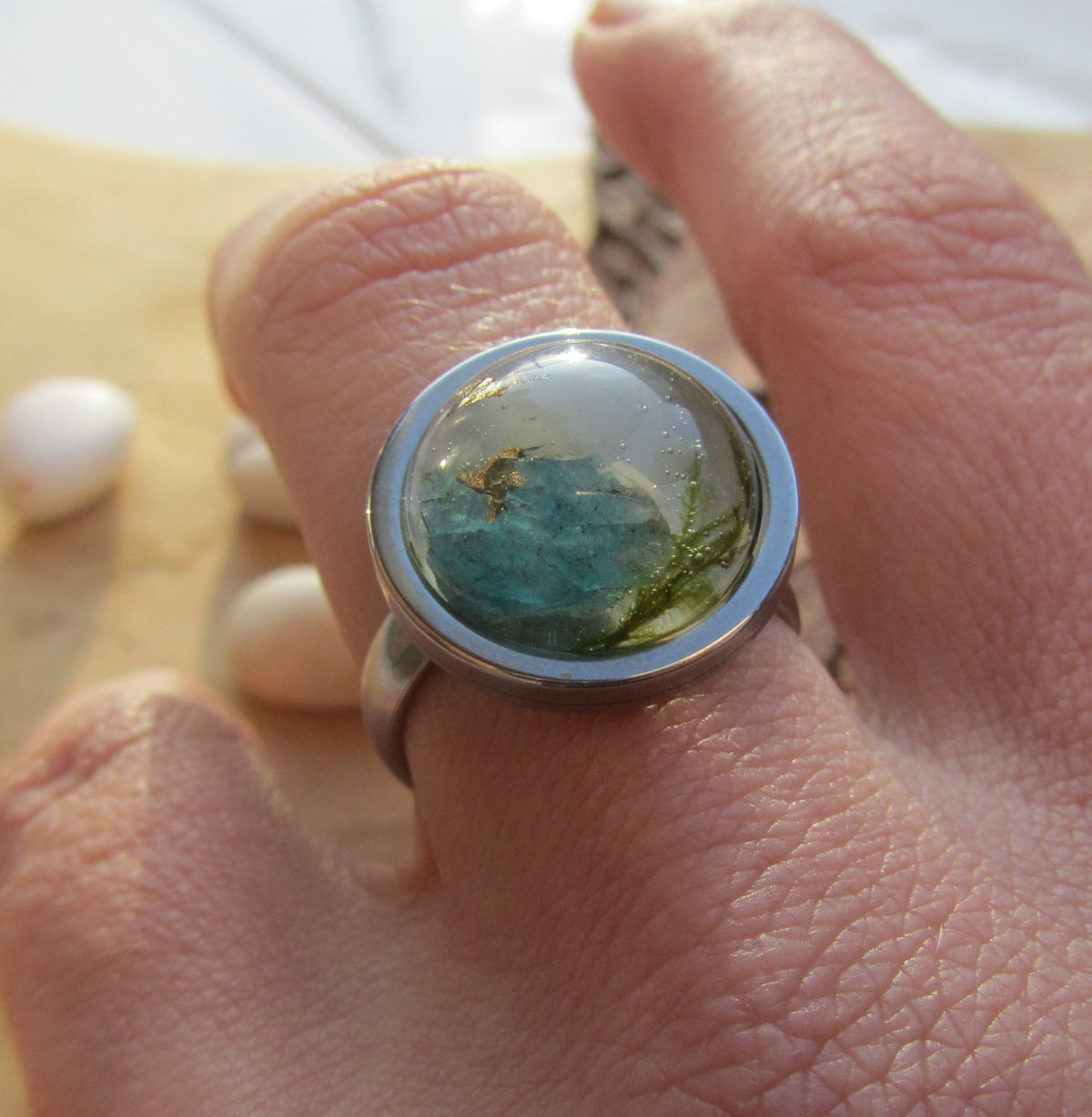 Green Tourmaline Moonstone Gold Flakes Resin Ring