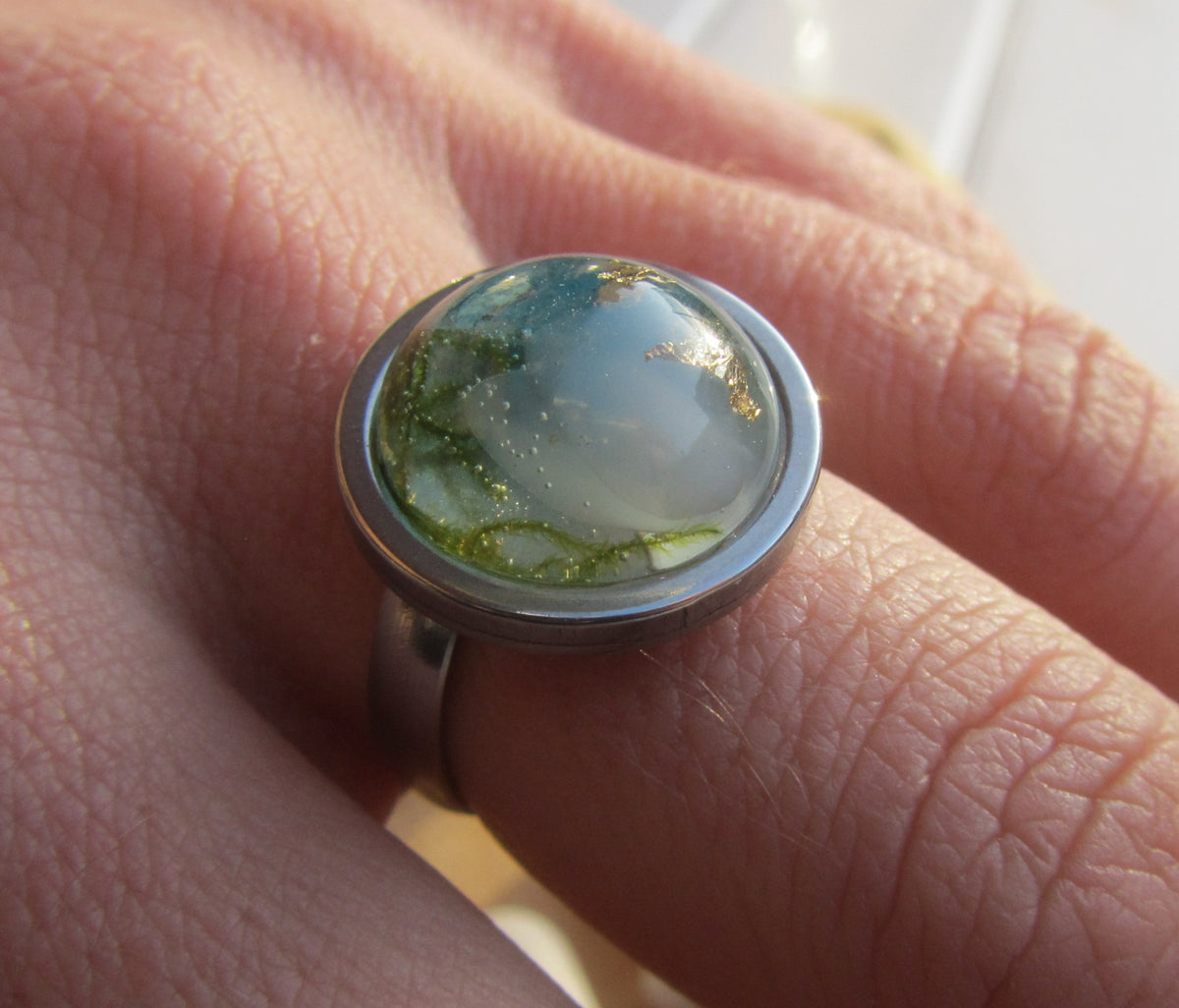 Green Tourmaline Moonstone Gold Flakes Resin Ring
