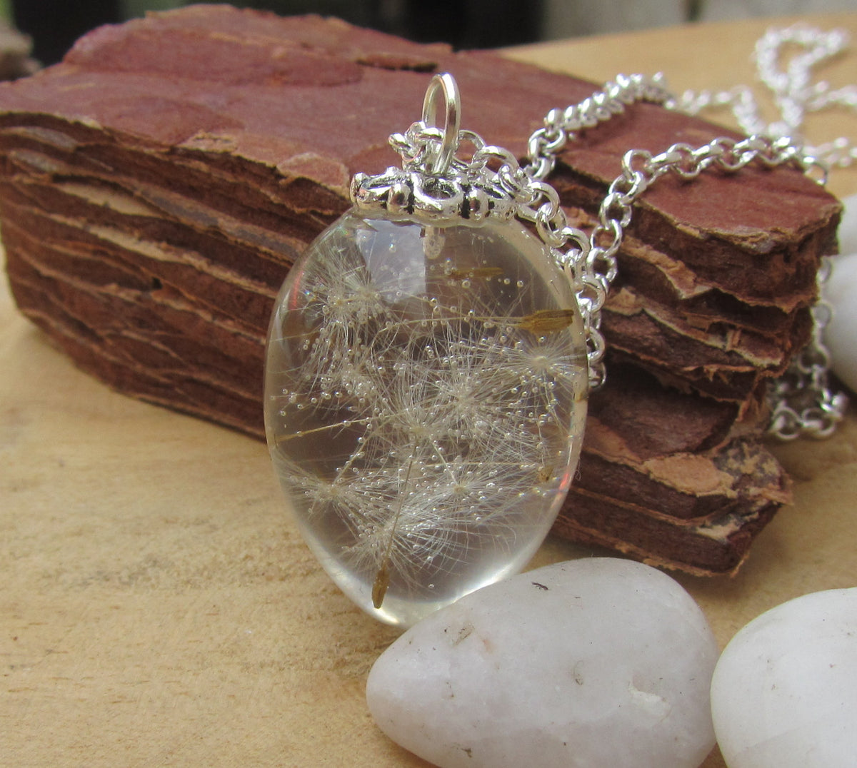 Nature inspired resin necklace with preserved dandelion seeds EL-Creations
