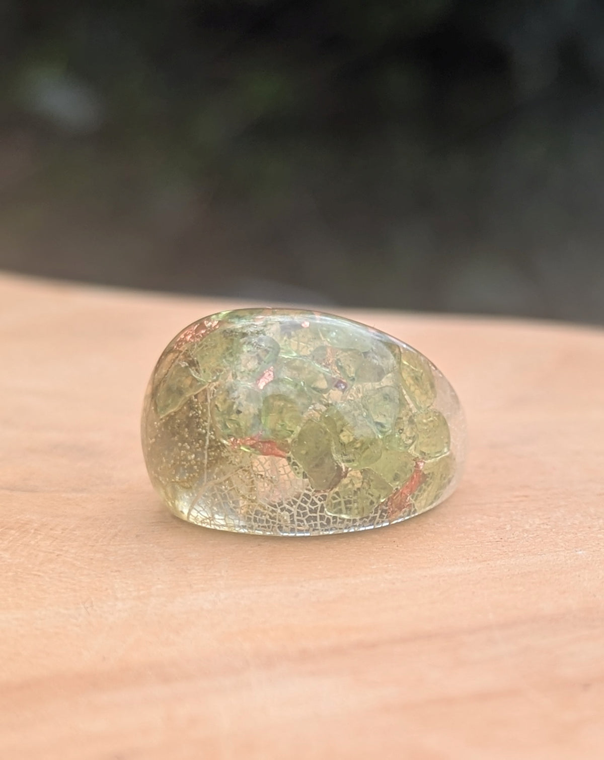 Green peridot resin ring with preserved skeleton leaf and copper flakes by EL-Creations