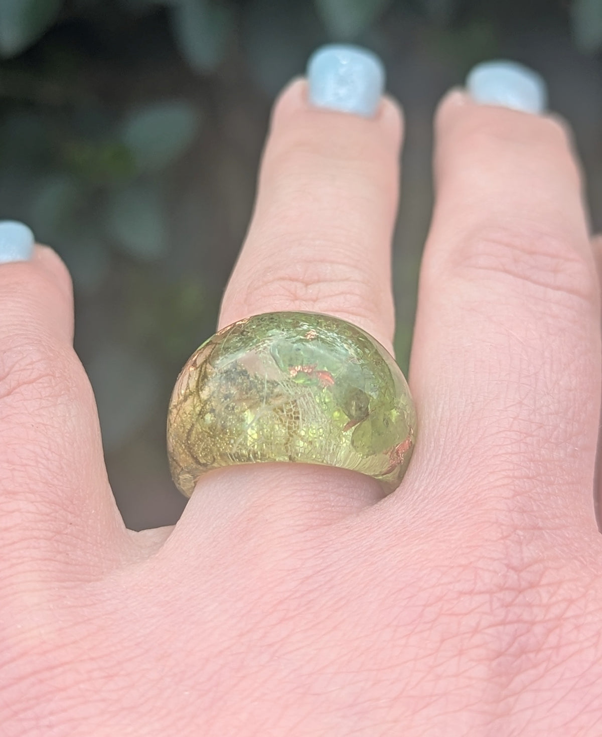 Nature inspired resin ring with peridot gemstone and copper accents by EL-Creations