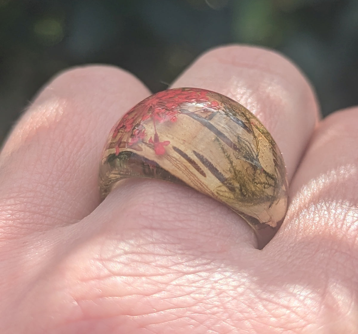 Nature resin ring with real red flower and birch bark by EL-Creations