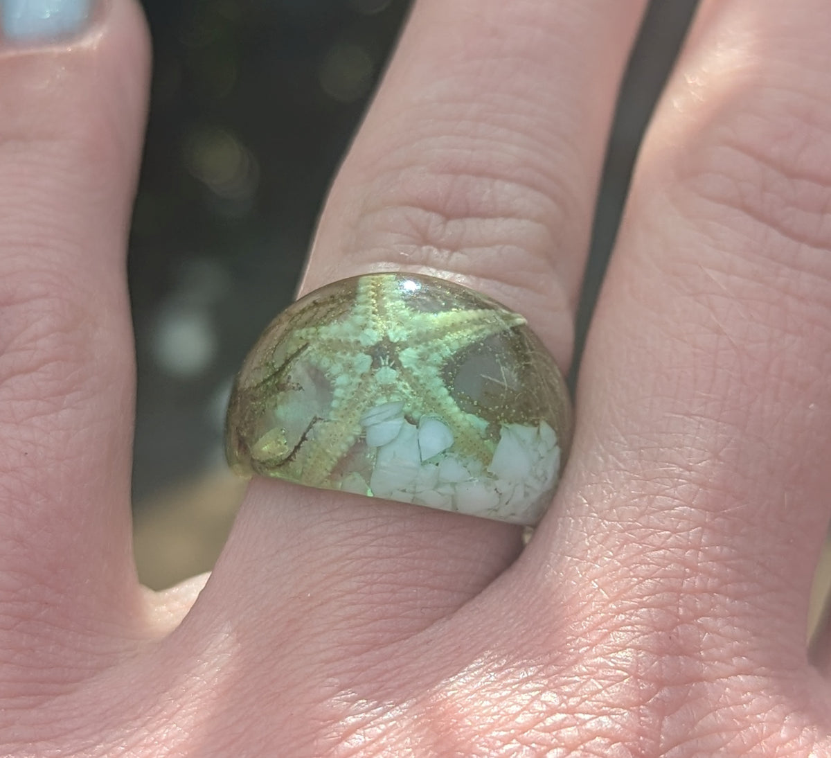 Botanical resin ring with preserved moss white stone and starfish by EL-Creations