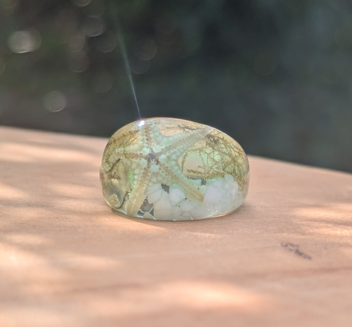 Unique ocean resin ring with real starfish white stone and preserved moss by EL-Creations