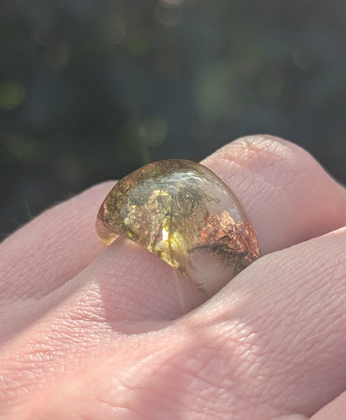 Crystal clear resin ring with preserved forest moss and copper flakes by EL-Creations