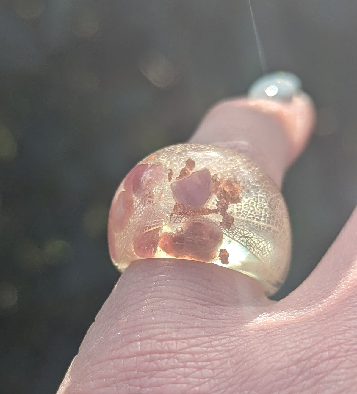 Pink tourmaline resin ring with preserved skeleton leaf and copper flakes by EL-Creations