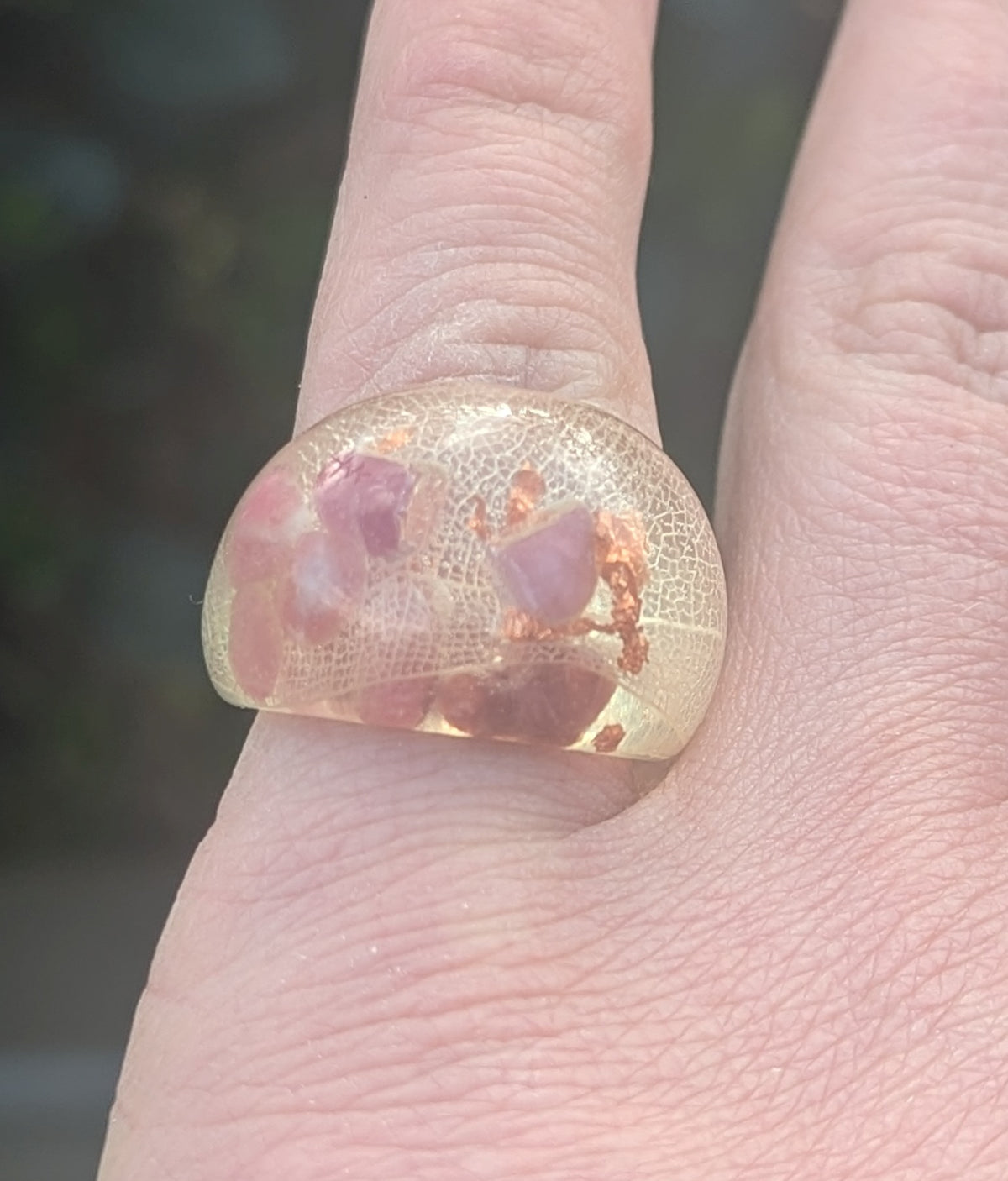 Botanical resin ring featuring natural pink tourmaline and real skeleton leaf by EL-Creations